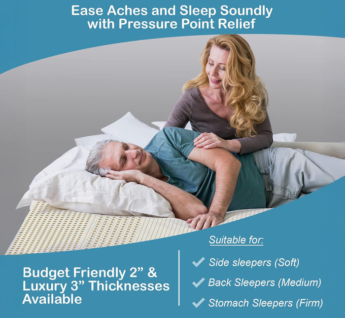 Infographic for pressure relief benefits suitable for side, back, and stomach sleepers in soft, medium, and firm.