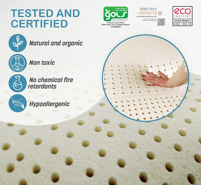 Certification logos and benefits showing natural and organic, non-toxic, no chemical fire retardants, and hypoallergenic.