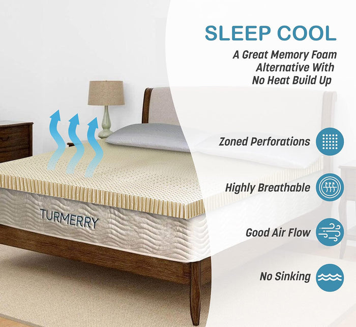 Product diagram highlighting cooling benefits with zoned perforations, highly breathable, good air flow, and no sinking.