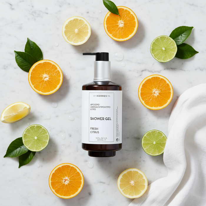 Korres Fresh Citrus Shower Gel flat lay with citrus slices on white marble