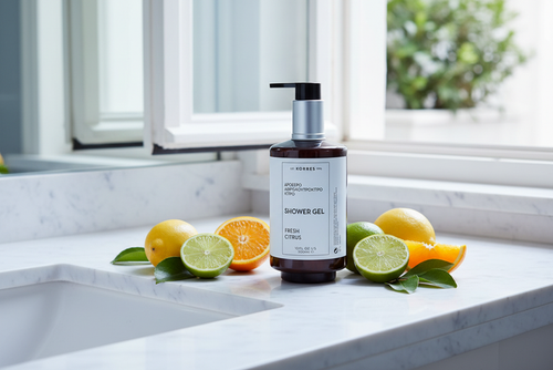 Korres Fresh Citrus Shower Gel on modern bathroom counter at AC Hotels by Marriott