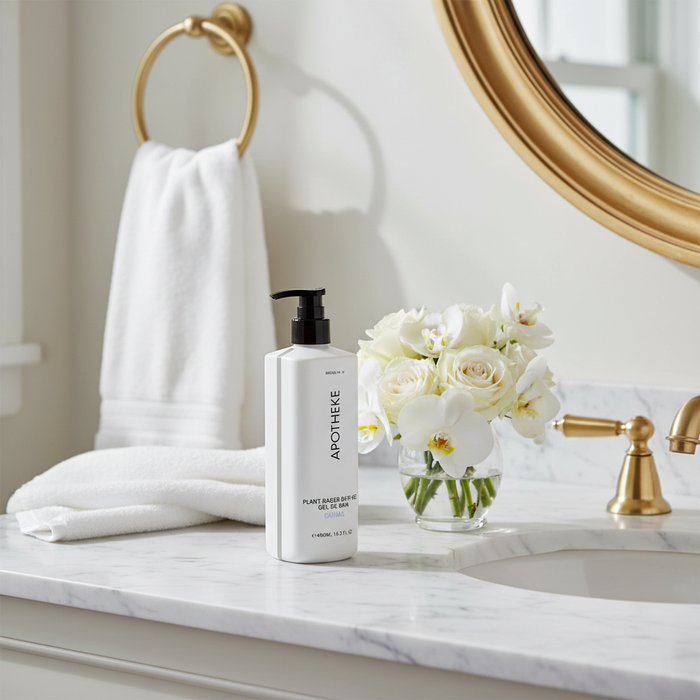 Apotheke Canvas luxury hotel body wash 480ml on marble bathroom vanity — plant-based vegan bath gel Crowne Plaza Voco IHG hotel amenity