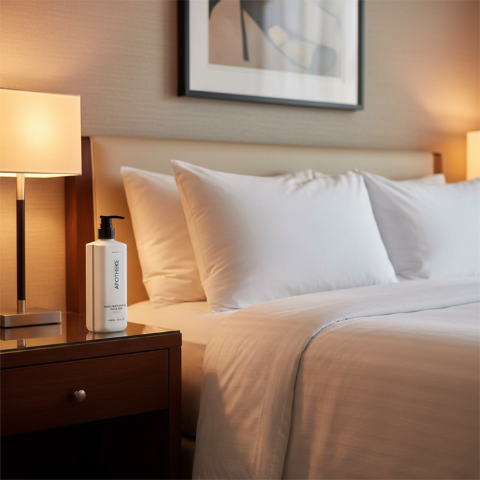 Apotheke Canvas bath gel 480ml on boutique hotel bedroom nightstand — luxury hotel body wash amenity Crowne Plaza Voco plant-based vegan
