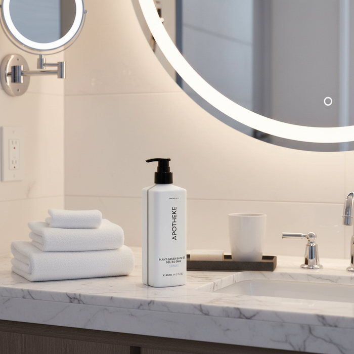 Apotheke Canvas bath gel 480ml in boutique hotel bathroom vanity — luxury hotel amenity body wash Crowne Plaza Voco IHG vegan paraben-free