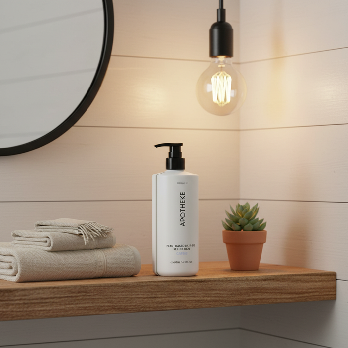 Apotheke Canvas bath gel 480ml in luxury tiny home STR Airbnb bathroom — hotel quality plant-based body wash vacation rental amenity short term rental