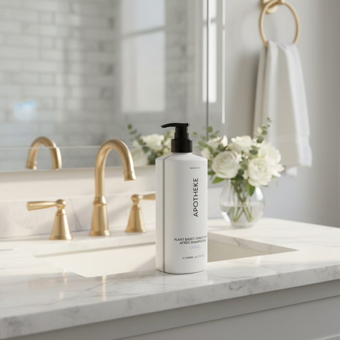 Apotheke Canvas luxury hotel conditioner 480ml on marble bathroom vanity — plant-based vegan conditioner Crowne Plaza Voco IHG hotel amenity