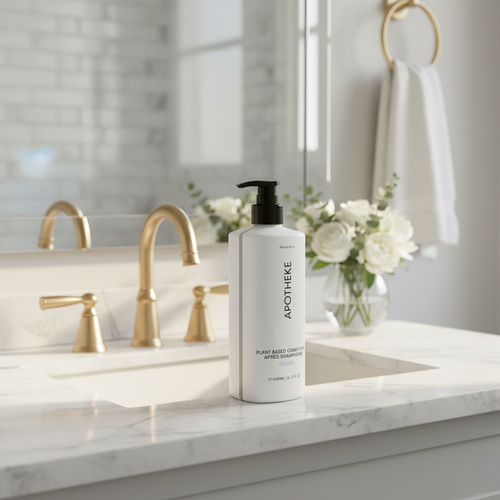 Apotheke Canvas luxury hotel conditioner 480ml on marble bathroom vanity — plant-based vegan conditioner Crowne Plaza Voco IHG hotel amenity