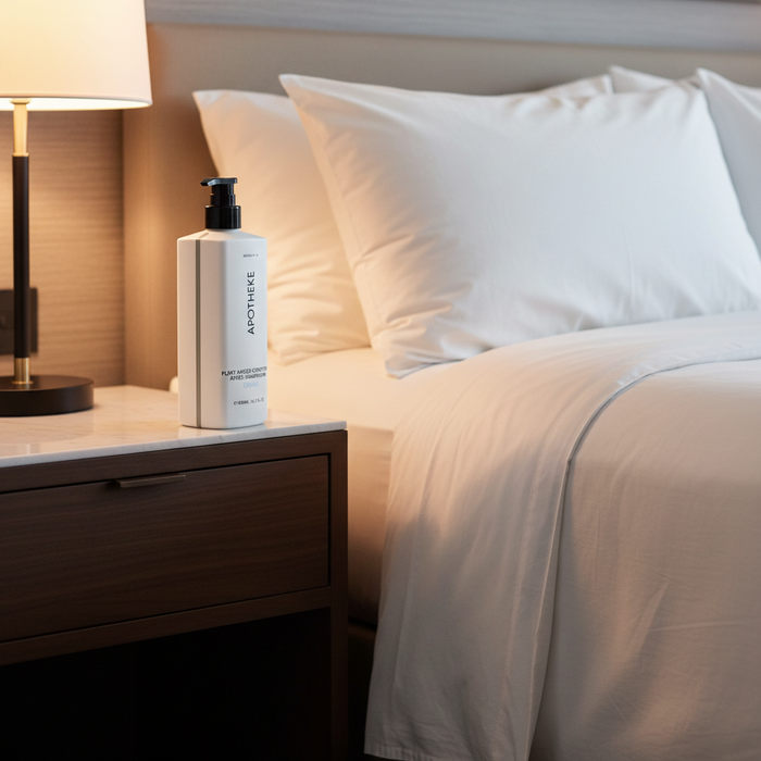 Apotheke Canvas conditioner 480ml on boutique hotel bedroom nightstand — luxury hotel hair care amenity Crowne Plaza Voco plant-based vegan