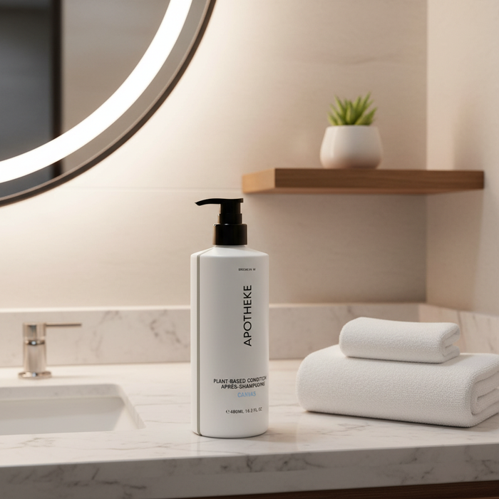 Apotheke Canvas conditioner 480ml in boutique hotel bathroom vanity — luxury hotel amenity conditioner Crowne Plaza Voco IHG vegan paraben-free