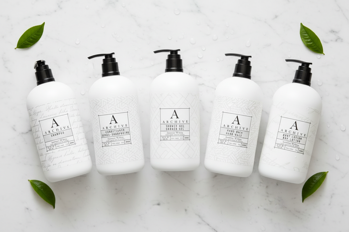 luxury hotel bath set featuring five elegant white bottles on a marble surface with green leaves.