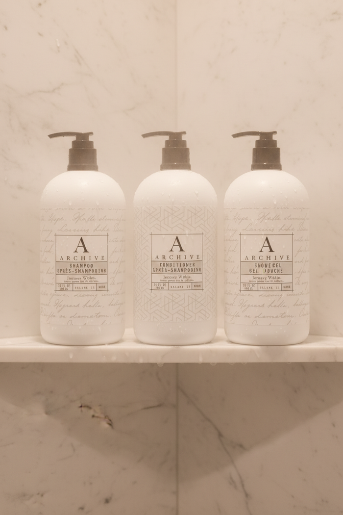 Archive Green Tea & Willow luxury hotel bath set featuring three elegant full-sized bottles.