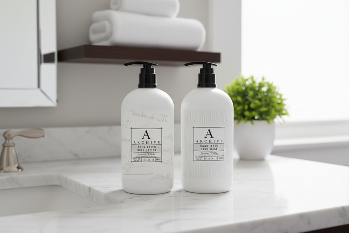 Archive Green Tea & Willow luxury hotel bath set on a marble counter with towels in background.
