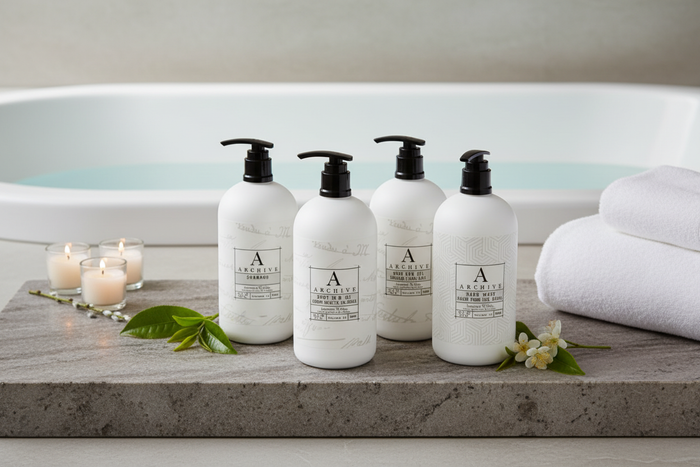 Archive Green Tea & Willow luxury hotel bath set displayed on a marble counter with candles and towels.
