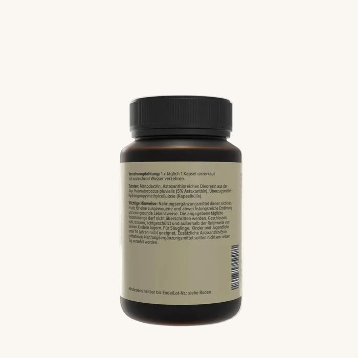Natura Nova Astaxanthin Kapseln Rückseite mit Inhaltsstoffen und Verzehrsempfehlung