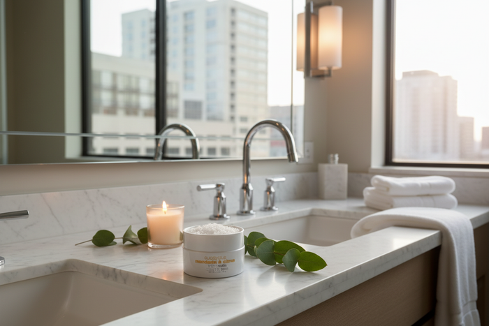 Atelier Bloem Bath Salts on boutique hotel vanity with eucalyptus and city view
