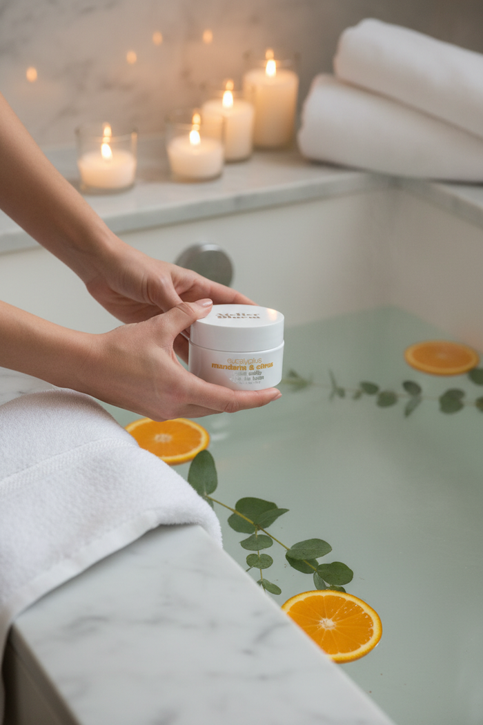Hands pouring Atelier Bloem Bath Salts into steaming bath with eucalyptus and mandarin