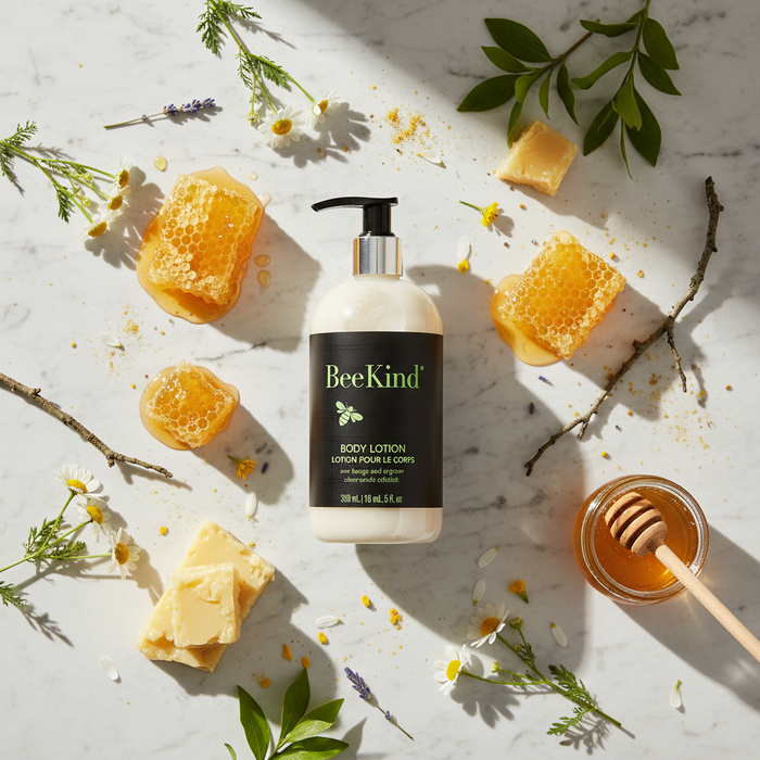 Bee Kind Body Lotion - luxury hotel body lotion on marble flat lay with honeycomb and honey elements