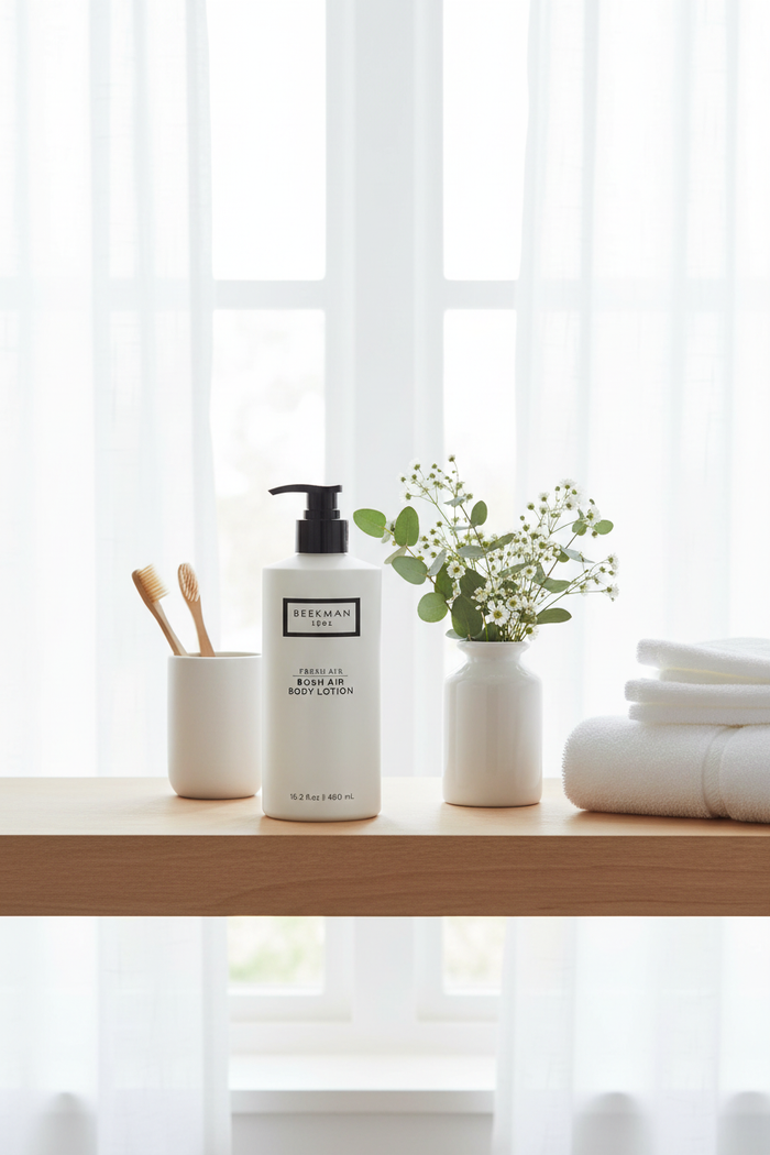 Beekman 1802 Fresh Air Body Lotion white frosted bottle on modern bathroom shelf natural wood fresh flowers - luxury farm-to-skin body care