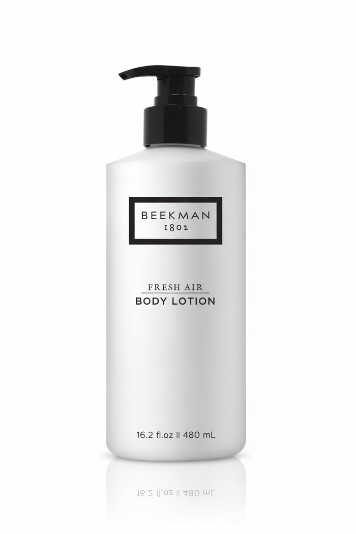 Beekman 1802 Fresh Air Body Lotion front view white frosted bottle black pump minimalist label - luxury body lotion 16.2 oz