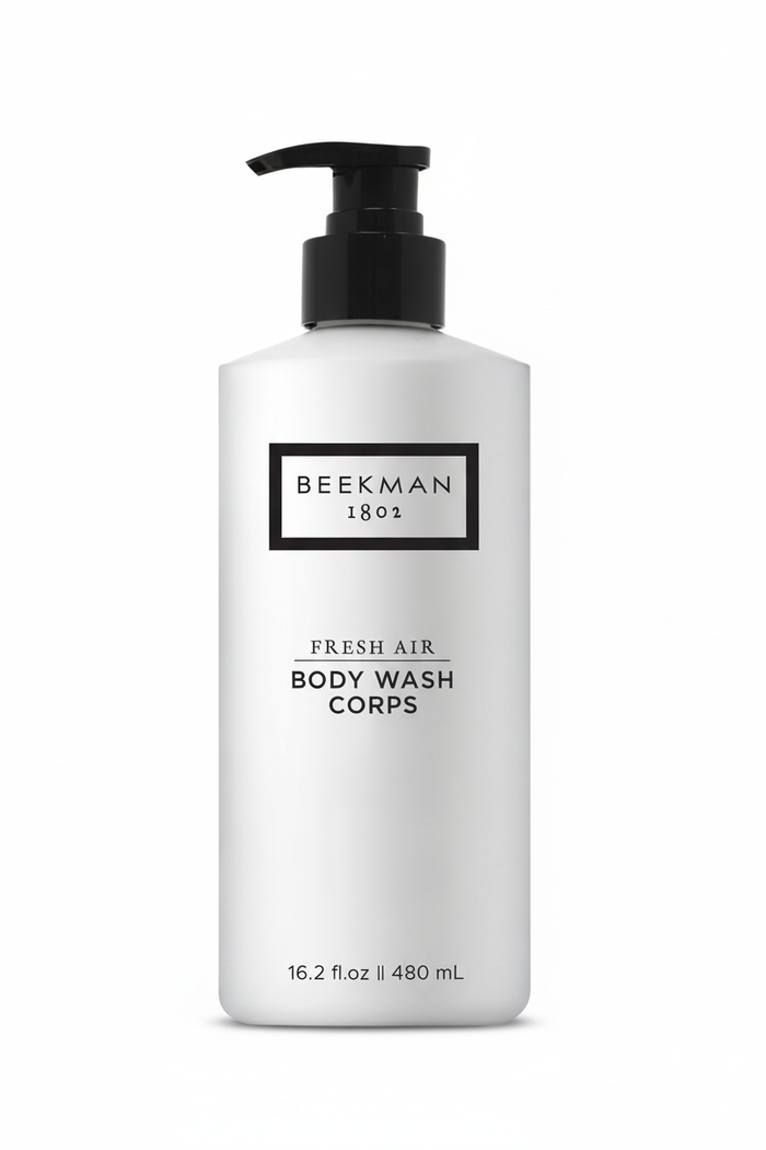 Beekman 1802 Fresh Air Body Wash front view white frosted bottle black pump minimalist label - luxury body wash 16.2 oz