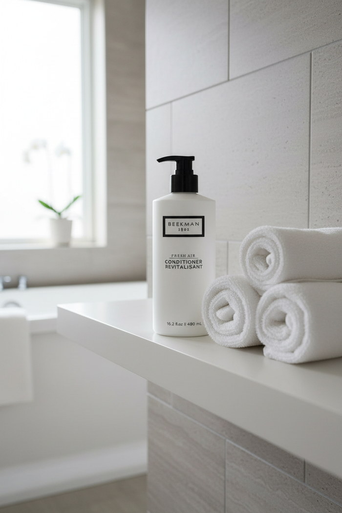 Beekman 1802 Fresh Air Conditioner white frosted bottle on spa bathroom shelf white towels natural light - luxury farm-to-skin hair care