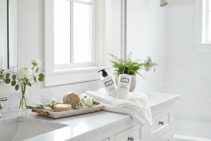 Beekman 1802 Fresh Air luxury hotel bath collection — premium goat milk-based shampoo, conditioner, and body lotion in an elegant spa bathroom setting — farm-to-skin clean beauty hotel amenities vegan cruelty-free luxury bath products