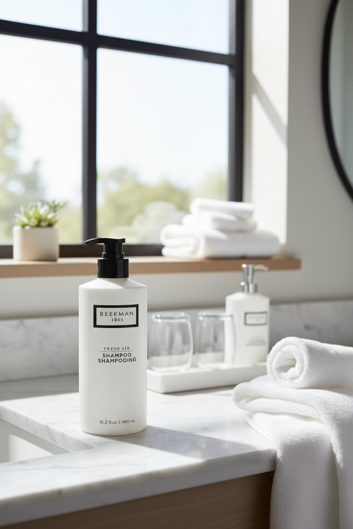 Beekman 1802 Fresh Air Shampoo white frosted bottle on modern bathroom countertop natural window light white linens - luxury farm-to-skin hair care