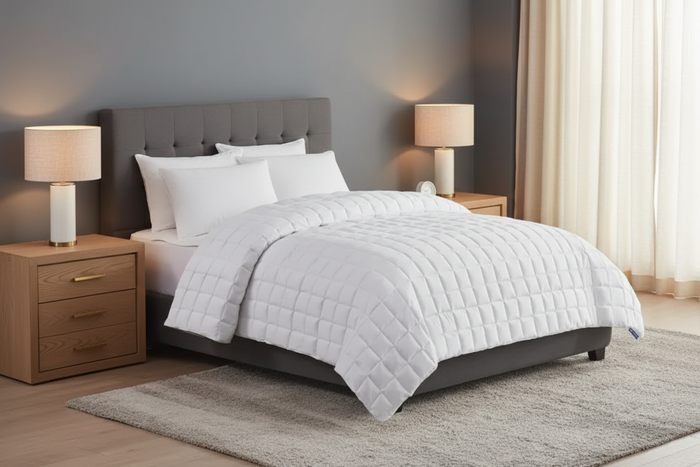 Best Western Soft Stitch Lightweight Blanket - King on a bed, showcasing a modern design and cozy bedding.