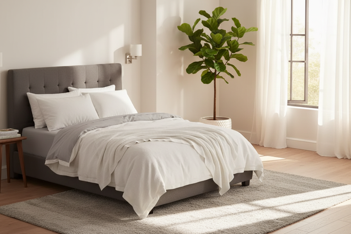 Cozy bedroom featuring the Best Western Soft Stitch Lightweight Blanket - King on a stylish bed.