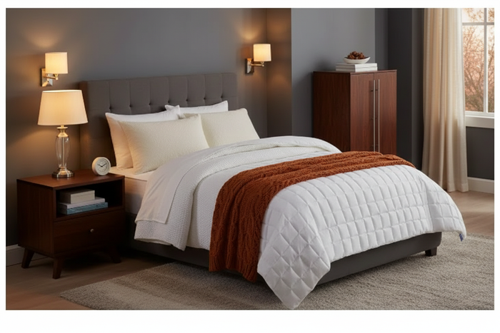 Best Western Soft Stitch Lightweight Blanket - King on a stylish bed with decorative pillows and ambient lighting.