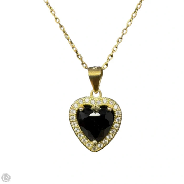 Black Heart Pendant on Gold Tone Sterling Silver Chain Necklace