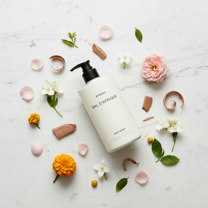 Byredo Bal D'Afrique Body Wash luxury flat lay with African marigold flowers and botanicals on white marble - premium shower gel