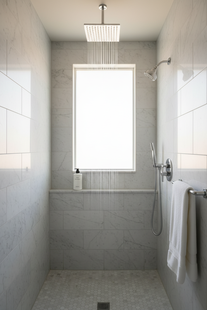 Byredo Bal D'Afrique Body Wash in ultra-luxury hotel shower with white tiles rainfall showerhead - premium cleansing gel