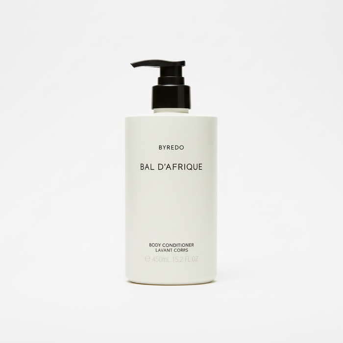 Byredo Bal D'Afrique Body Wash bottle close-up showing Swedish luxury body care packaging label details African-inspired fragrance