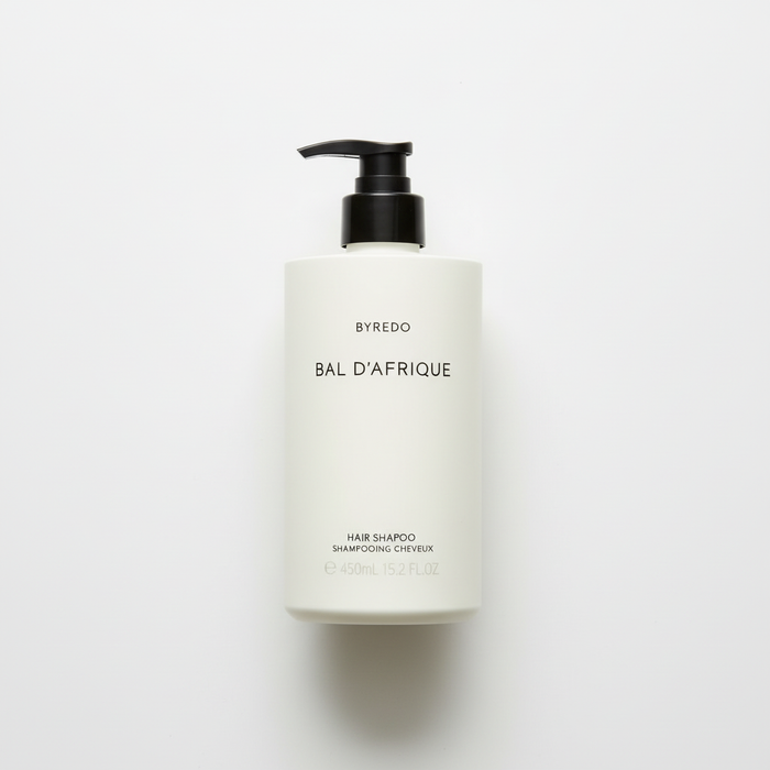 Byredo Bal D'Afrique Shampoo bottle close-up showing Swedish luxury hair care packaging label details African-inspired fragrance