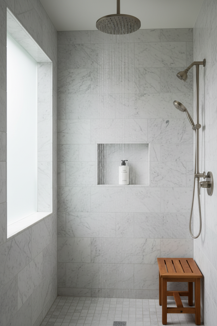 Byredo Le Chemin Conditioner in ultra-luxury hotel shower white tiles rainfall showerhead - premium conditioning formula