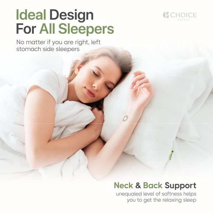 Model sleeping comfortably on a green label soft pillow promoting neck and back support for all sleepers.