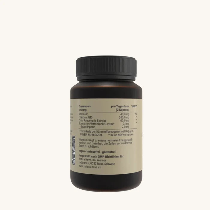 Natura Nova Coenzym Q10 Plus Nahrungsergänzungsmittel Dose Seitenansicht mit Nährwerten