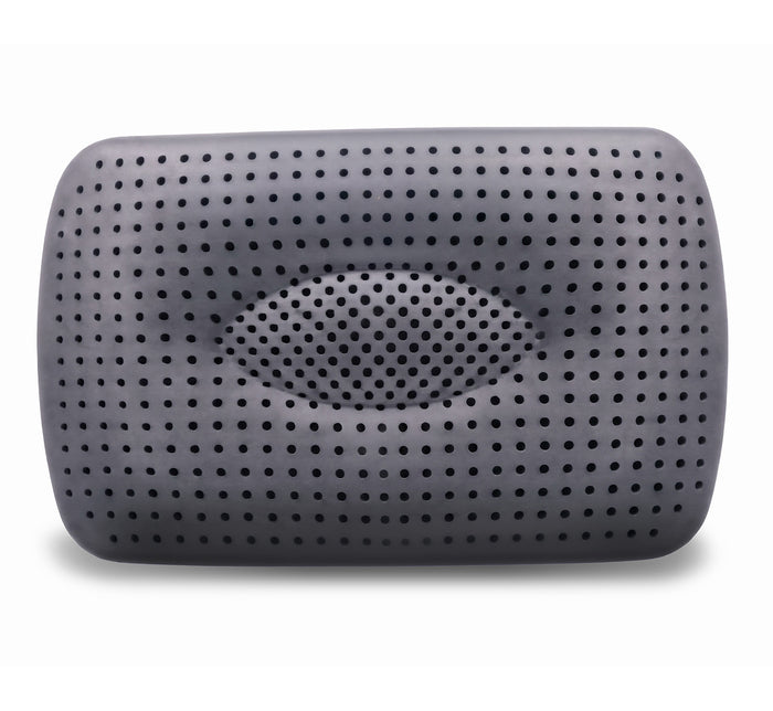 Turmerry Cooling Latex Pillow with charcoal gray color, perforated design, and a dip in the middle, on white background.