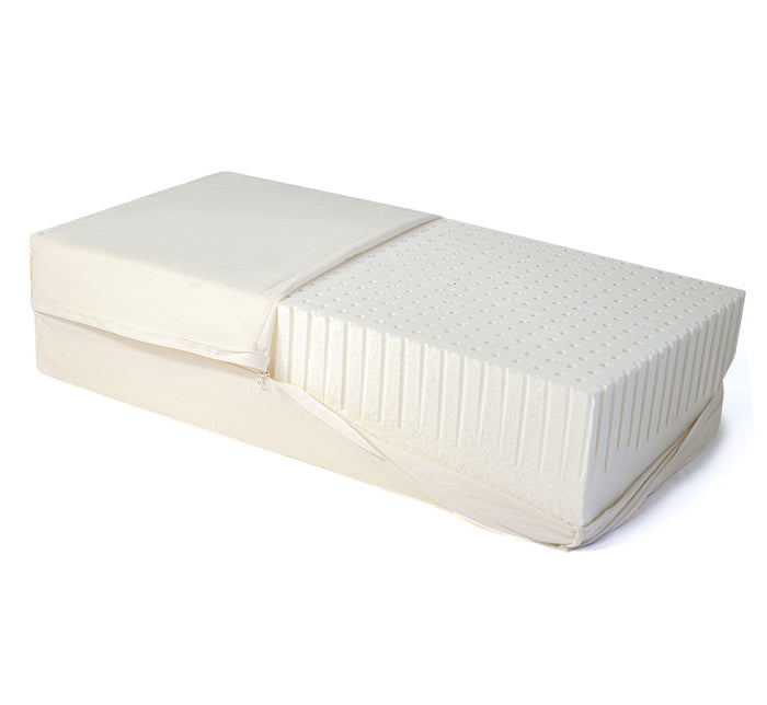 Turmerry Cuboid Pillow with white cover half open showing perforated latex core inside on white background.