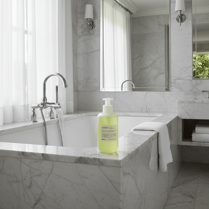 Davines MOMO Shampoo on luxury soaking tub
