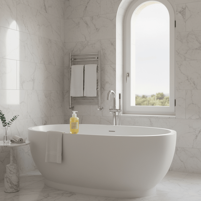 Davines MOMO Shower Gel on luxury soaking tub