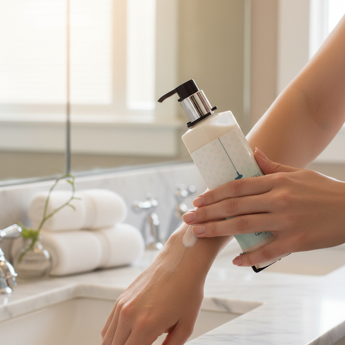 Hands applying Drybar Replenishing Body Lotion — luxury hotel moisturizing body lotion