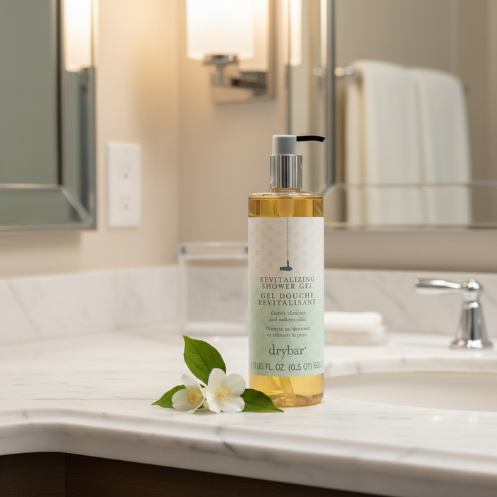 Drybar Revitalizing Shower Gel on marble hotel vanity — five-star hotel body wash