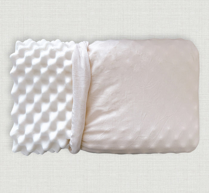 Turmerry eggcrate latex contour pillow with white cover half opened displaying textured foam core.