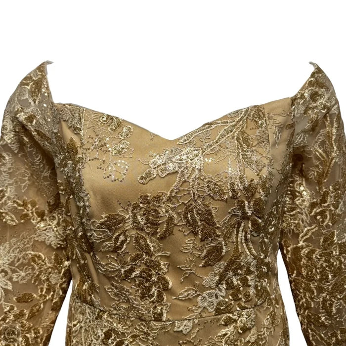 Embellished Lace Dress Party Long By Oleg Cassini In Gold, Size: 16