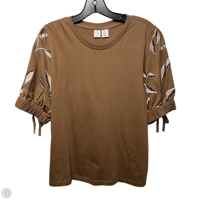 Embroidered Sleeve Top Short Sleeve By Joie In Brown, Size: L