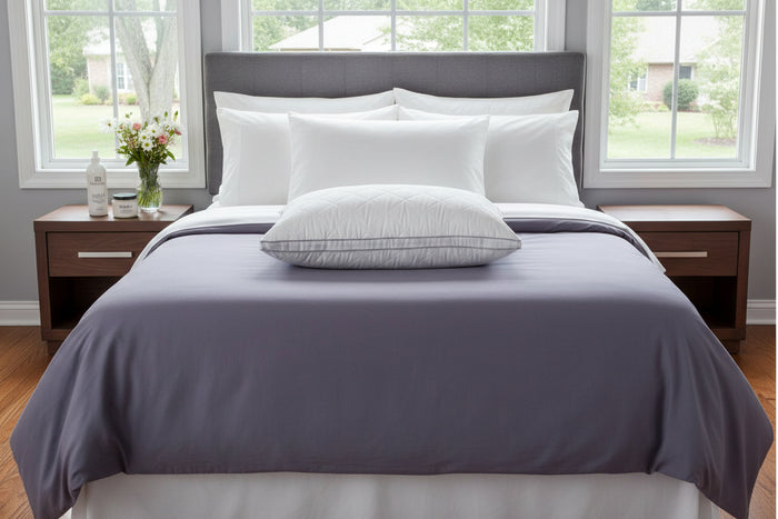 Manchester mills queen medium pillow on bed, resort quality best sleep pillow