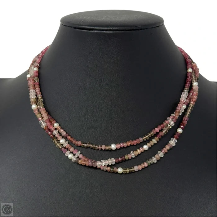 Faceted Tourmaline, Spinel & Pearl Layered Necklace With Sterling Silver Clasp