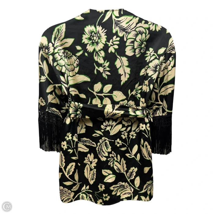 Fringe Sleeve Wrap Kimono By Zara In Floral Print, Size: M